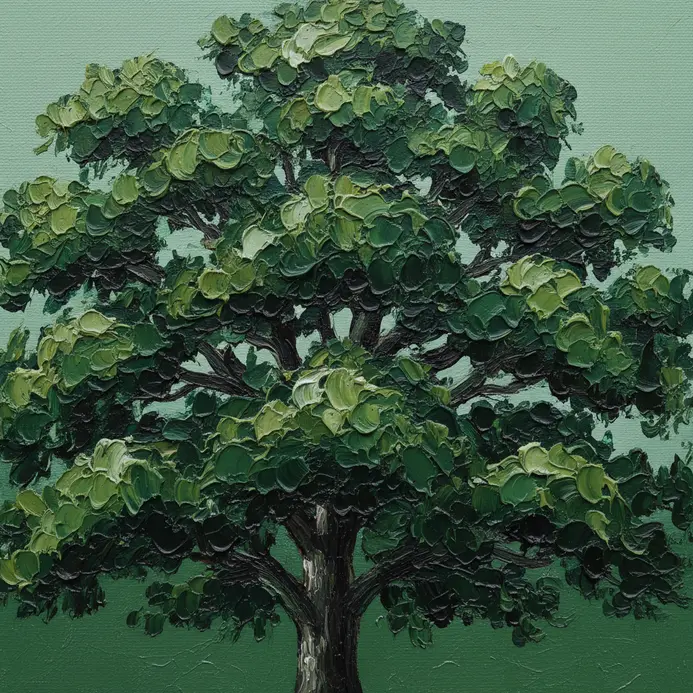 An oak tree with dimensional green foliage created using impasto palette knife technique.