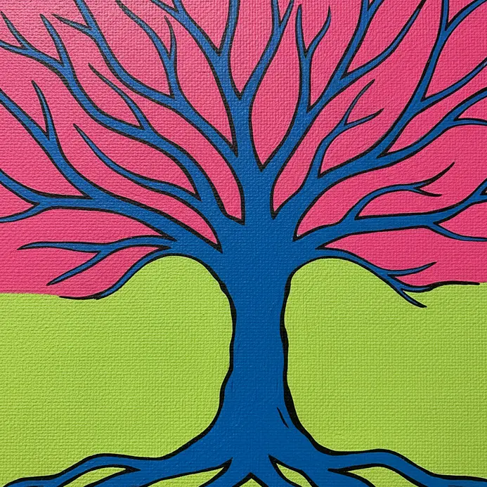 A stylized tree with solid colors and sharp outlines in a pop art aesthetic.