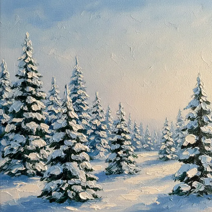 Fluffy evergreen trees painted with a fan brush against a snowy background.
