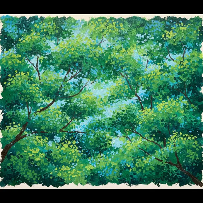 A textured tree canopy with varied green hues created by dabbing acrylic paint with a sponge.