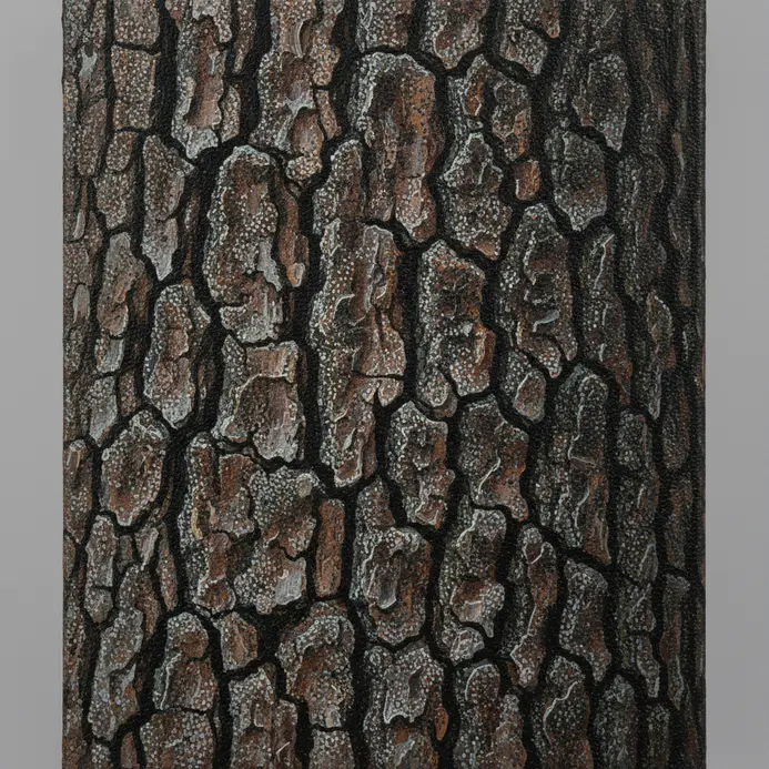 A textured tree trunk painted using a stippling technique with a small round brush.