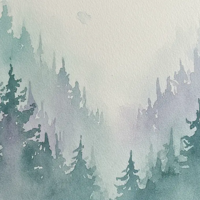 Distant pine trees blending into a misty background using light watercolor washes.