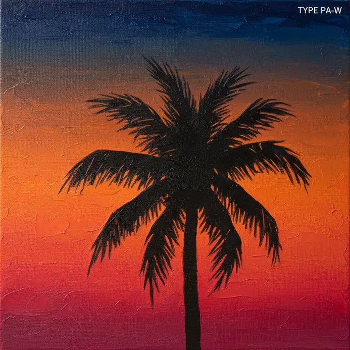 A dark palm tree silhouette in front of a smooth acrylic sunset gradient.