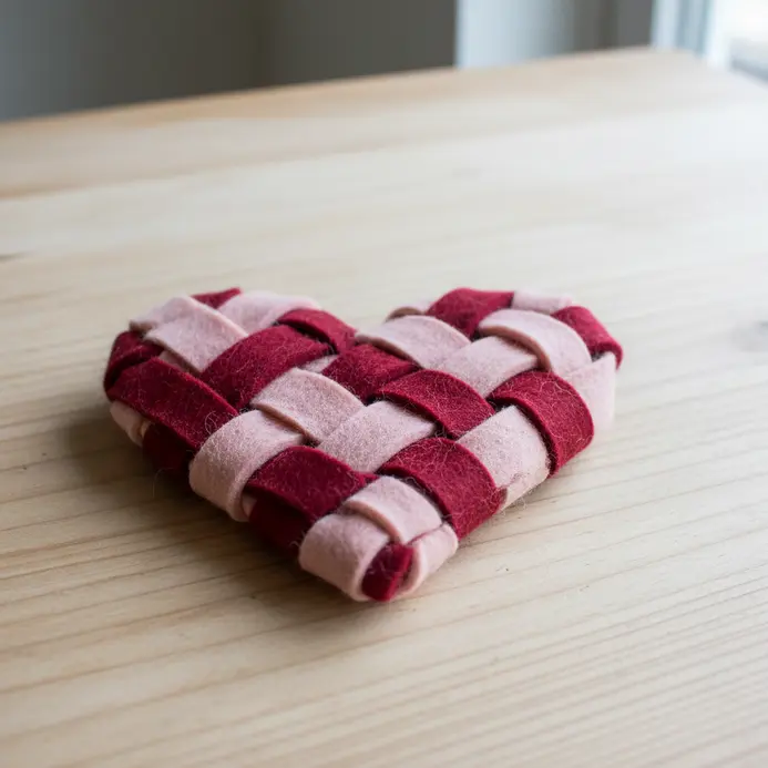 A red and pink woven heart ornament made from strips of felt, with a small loop for hanging.