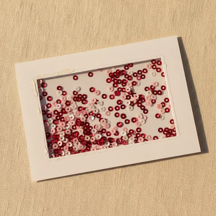 A handmade card with a clear acetate window shaped like a heart, filled with red and pink sequins that shake.