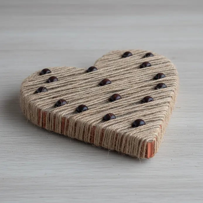 A three-dimensional heart form made from cardboard, densely wrapped in natural twine and accented with red wooden beads.