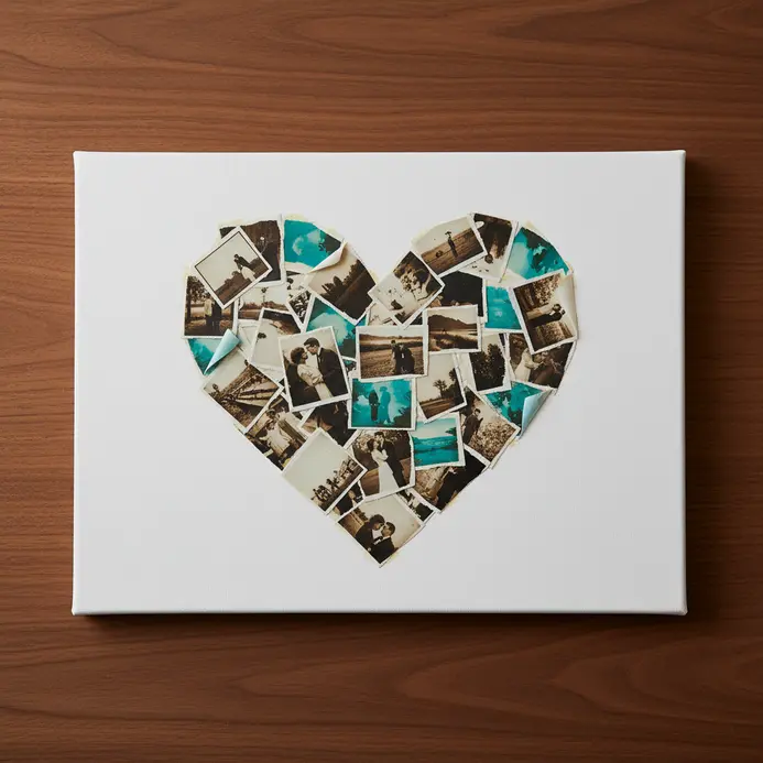 A canvas board where dozens of small printed photographs are arranged and glued to form one large heart shape.