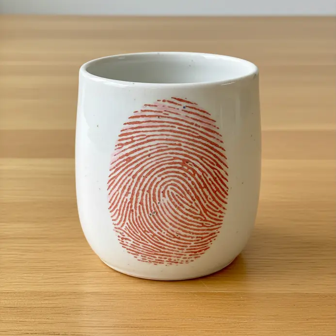 A plain ceramic mug decorated with two painted fingerprints, one red and one pink, pressed together to form a heart.