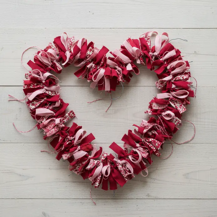 A textured heart-shaped wreath constructed from various red and pink fabric strips tied around a wire form.