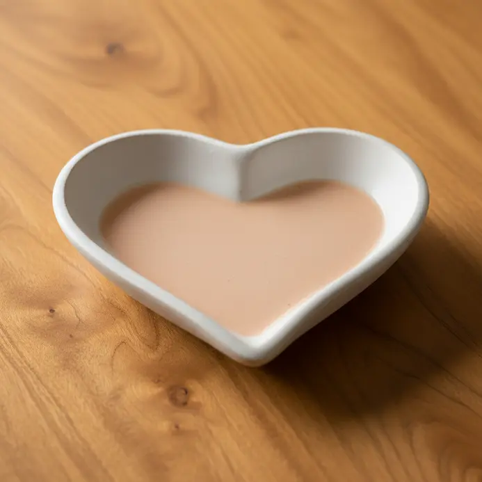 A simple, hand-formed white air-dry clay dish shaped like a heart, with a glossy finish.