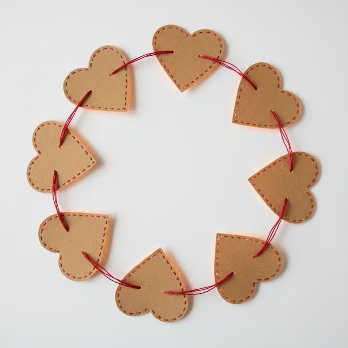 A decorative banner made from cardstock hearts with visible stitching along the edges, strung together on twine.