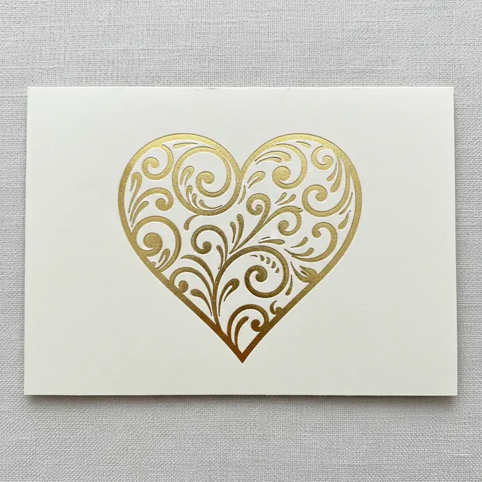 A cream-colored cardstock note with an embossed and heat-transfer gold foil heart motif in the center.