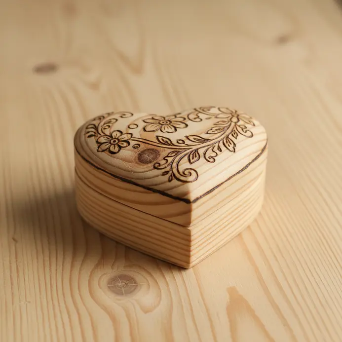 A tiny, unfinished wooden box with a pyrography heart design on its hinged lid.