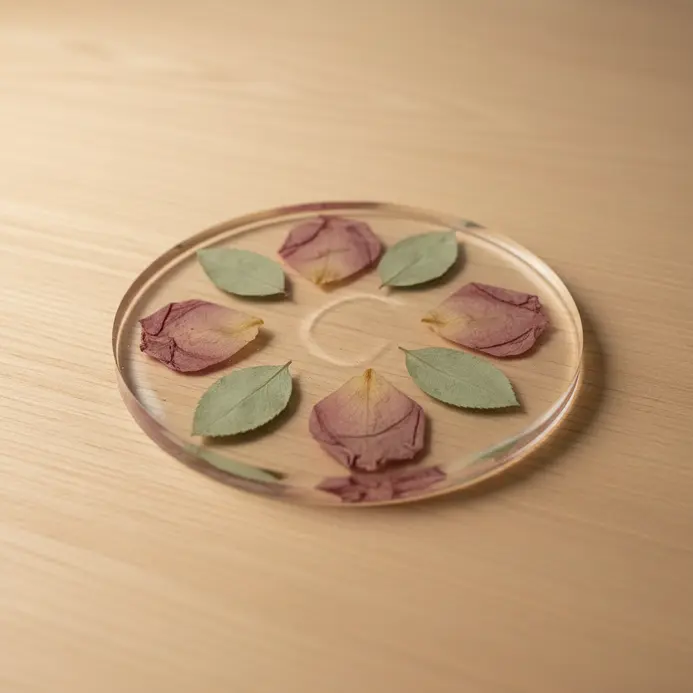 A circular coaster made of clear epoxy resin encapsulating delicate dried rose petals and baby's breath.
