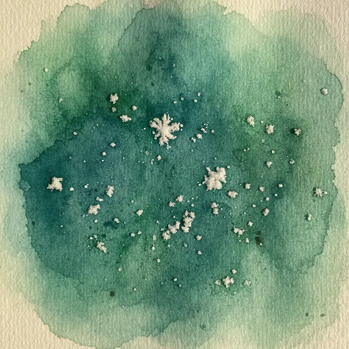 Coarse salt crystals on a wet green watercolor wash, creating light speckled marks as it dries.