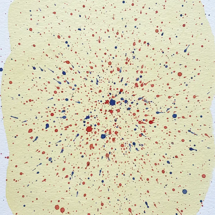 A field of tiny red and blue watercolor droplets scattered over a dry, pale yellow background.