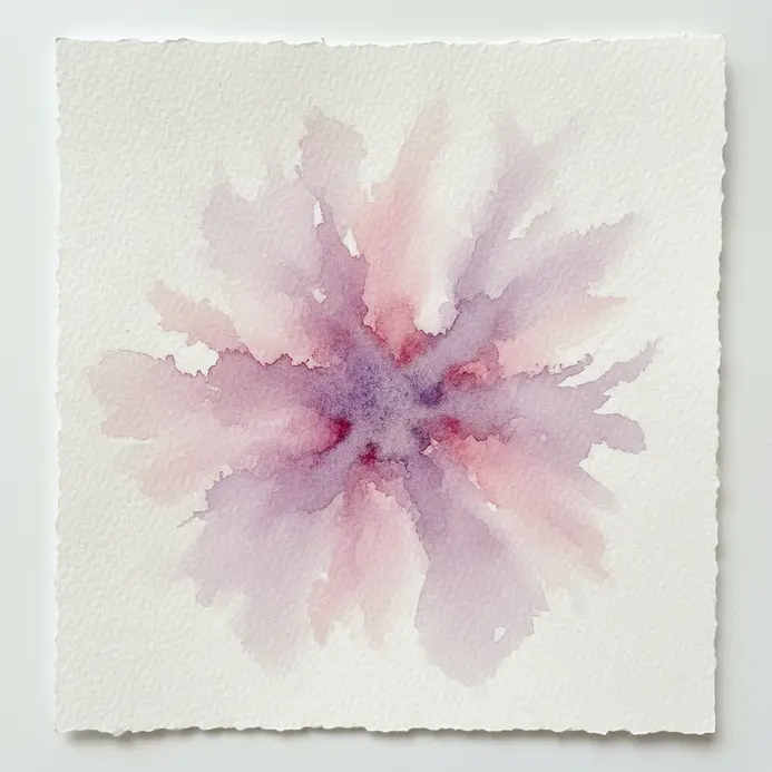 A drop of clear water added to a damp purple wash, creating a soft, blossom-like texture.
