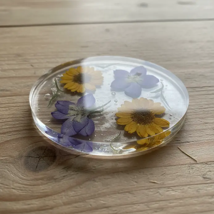 Four square resin coasters on a wooden table, each featuring a different arrangement of pressed purple and yellow flowers.