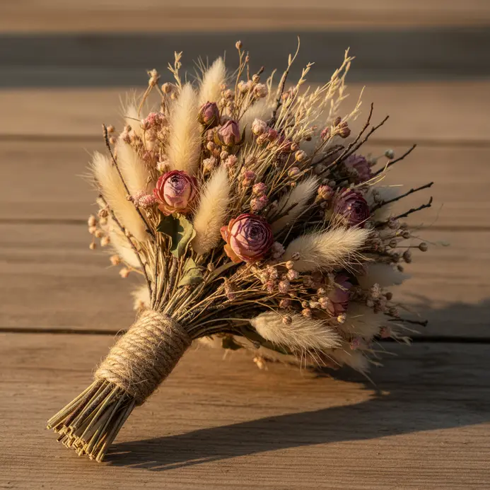 A sprig of dried wheat, baby's breath, and a rose bud tied together with natural twine, laying on brown wrapping paper.