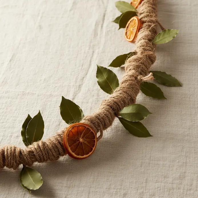 A garland made of jute string, with dried citrus slices and bay leaves tied at intervals along its length.