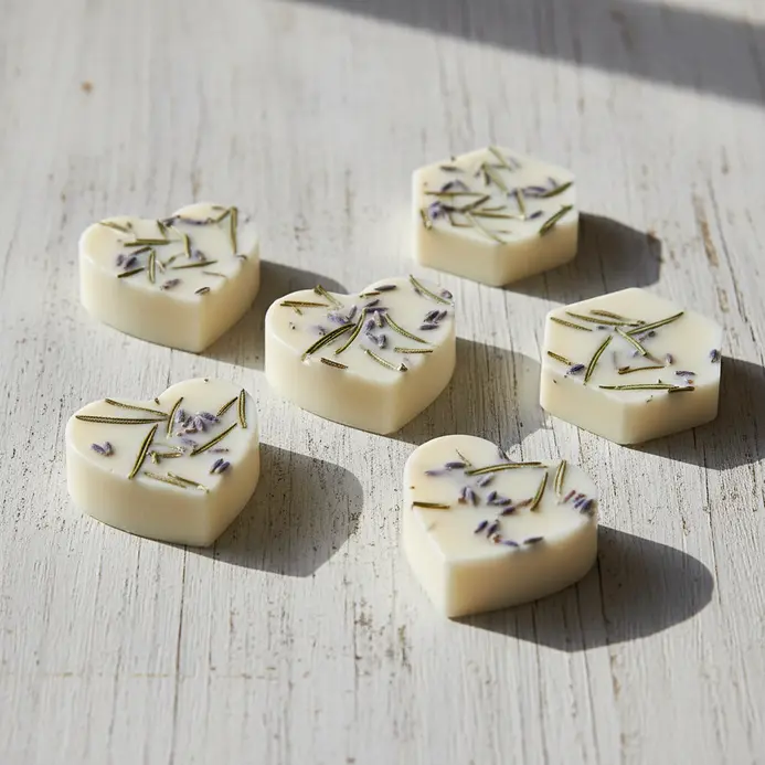 Several heart-shaped wax melts in a ceramic dish, each showing pieces of dried lavender and rosemary embedded within.