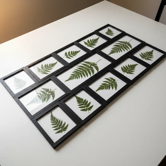 Three identical black frames in a row on a wall, each containing a single, beautifully pressed green fern leaf.