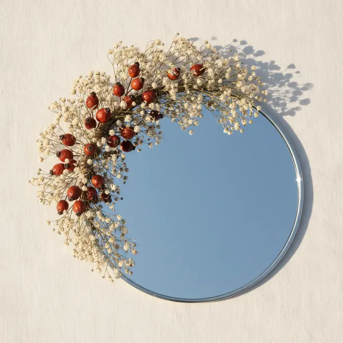 A round mirror with a miniature wreath of dried gypsophila and rose hips attached to its top left corner.