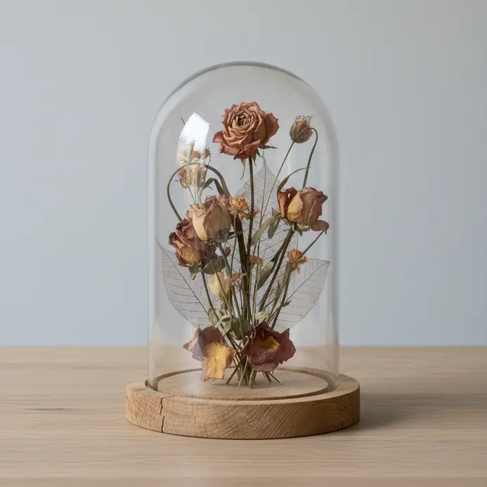A large glass dome covering a miniature arrangement of dried roses, eucalyptus, and moss on a circular wooden stand.
