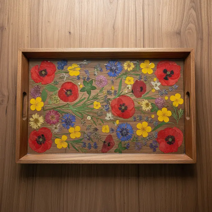 A rectangular wooden tray with a clear, glossy finish over a collage of pressed wildflowers and ferns.