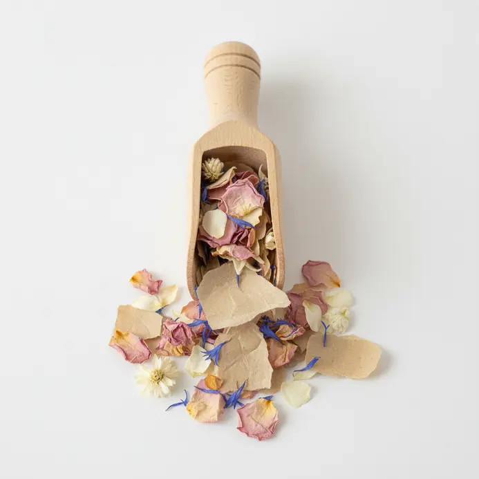 A handmade paper cone overflowing with a mix of dried rose, delphinium, and cornflower petals in soft colors.
