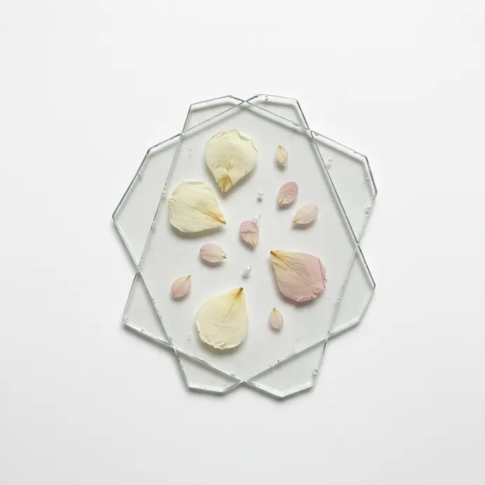 A thin, square glass frame hanging on a white wall, displaying delicate pink and cream rose petals floating in the center.