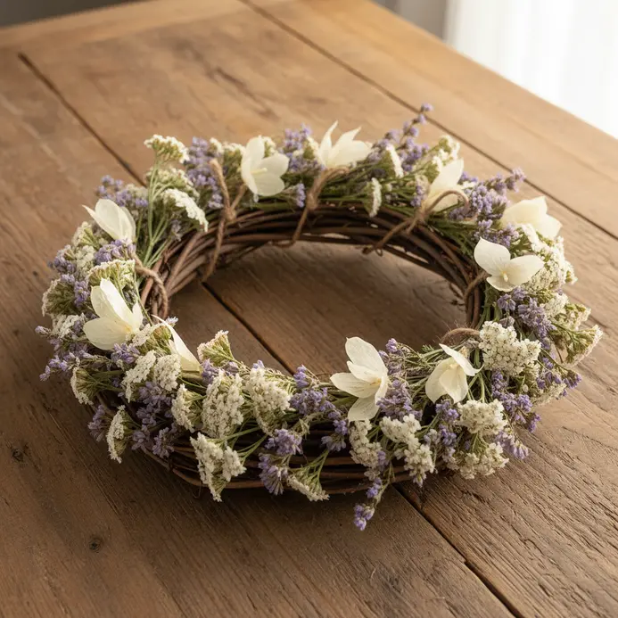 A circular, twisted grapevine wreath decorated with clusters of white yarrow and purple statice flowers.