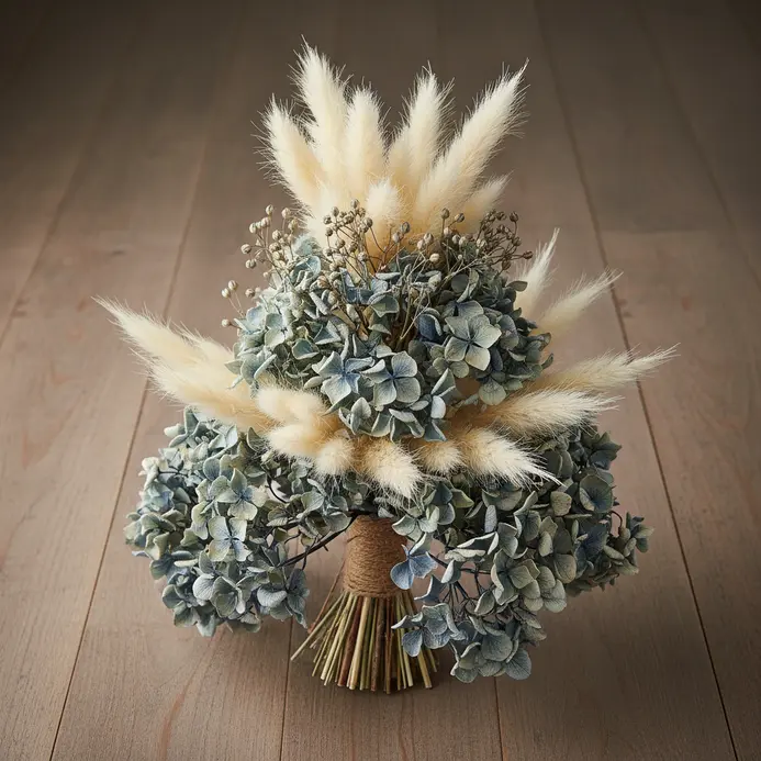 A wooden stand with three tiers, each holding a small vase filled with dried blue hydrangea blooms and feathery pampas grass.