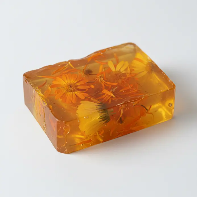A rectangular bar of transparent soap with orange and yellow dried flower petals visible inside.