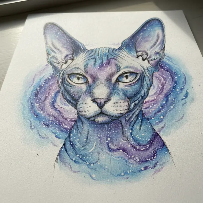 A hairless cat portrait where its skin displays a vibrant nebula with stars and cosmic dust.