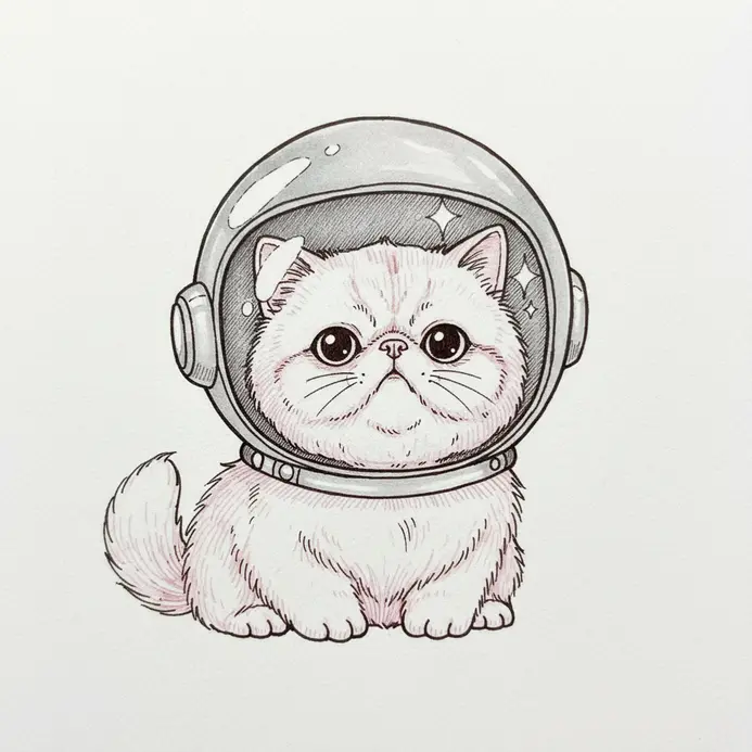 A long-haired Persian cat with a large, clear astronaut helmet over its head, floating in a starry void.