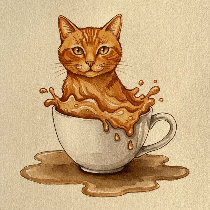 A vintage teacup tipping over, with a liquid, ginger-colored cat flowing out of it like tea.
