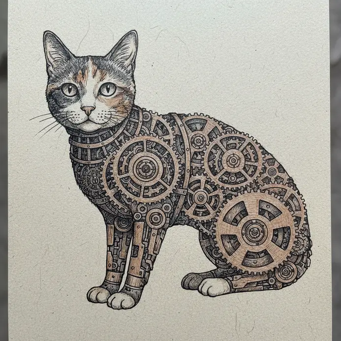 A detailed cross-section illustration of a calico cat, revealing a complex interior of ticking clockwork mechanisms.