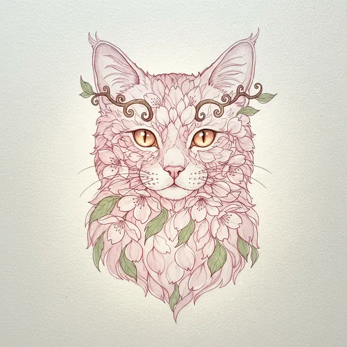 A serene cat sitting still, its entire coat made of delicate pink cherry blossoms instead of hair.
