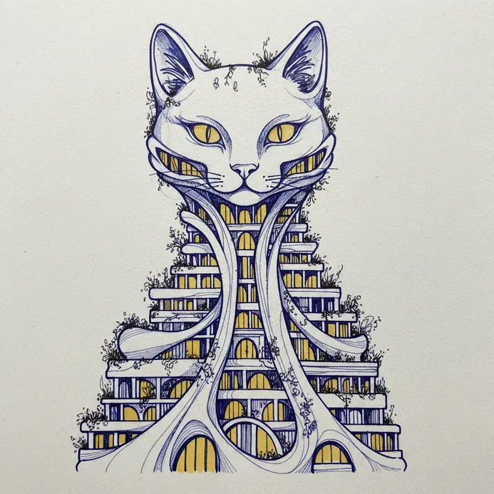 A cat in a sitting pose, but its outline is composed of tiny buildings, windows, and rooftops.