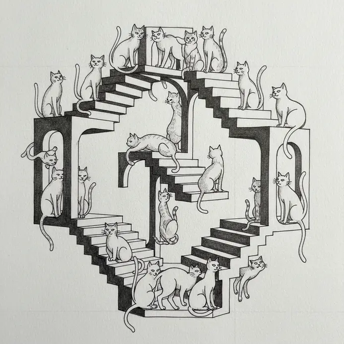 A black and white optical illusion where multiple cats ascend and descend a never-ending, paradoxical staircase.