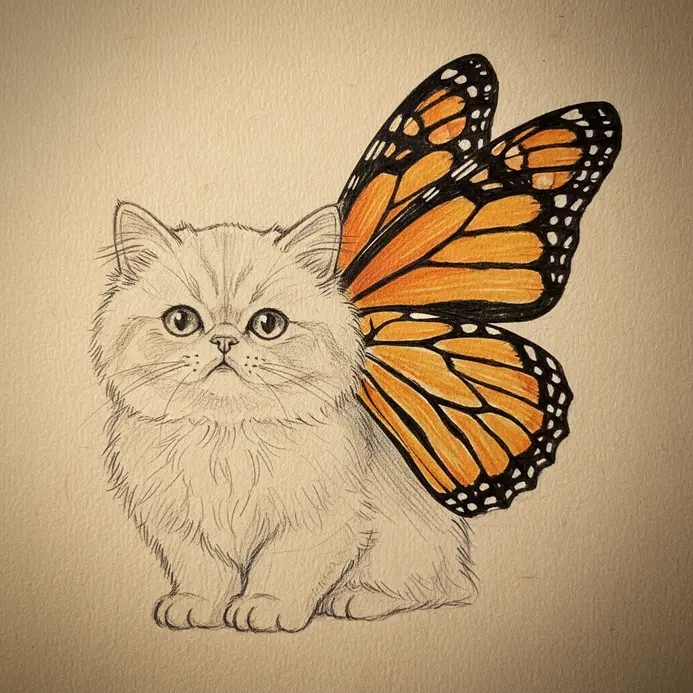 A fluffy kitten with two large, detailed butterfly wings replacing its shoulder blades.