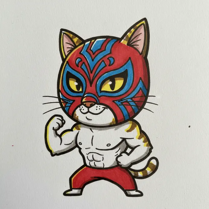 An angry, muscular striped cat wearing a colorful professional wrestling mask and posing in a ring.