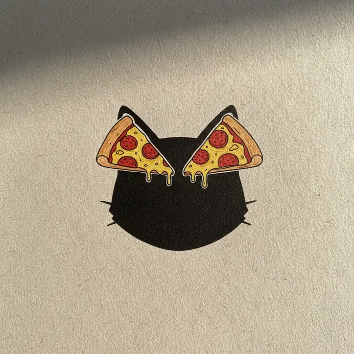A simple silhouette of a black cat where its pointed ears are replaced by two slices of pepperoni pizza.