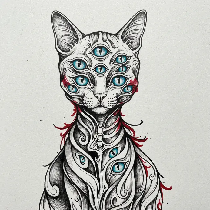 A majestic cat face covered in dozens of unblinking, differently colored eyes across its forehead and cheeks.
