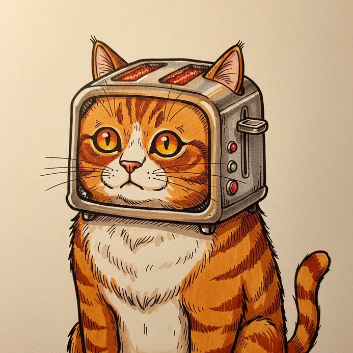 A simple line drawing of a striped cat whose head is a classic two-slice toaster.