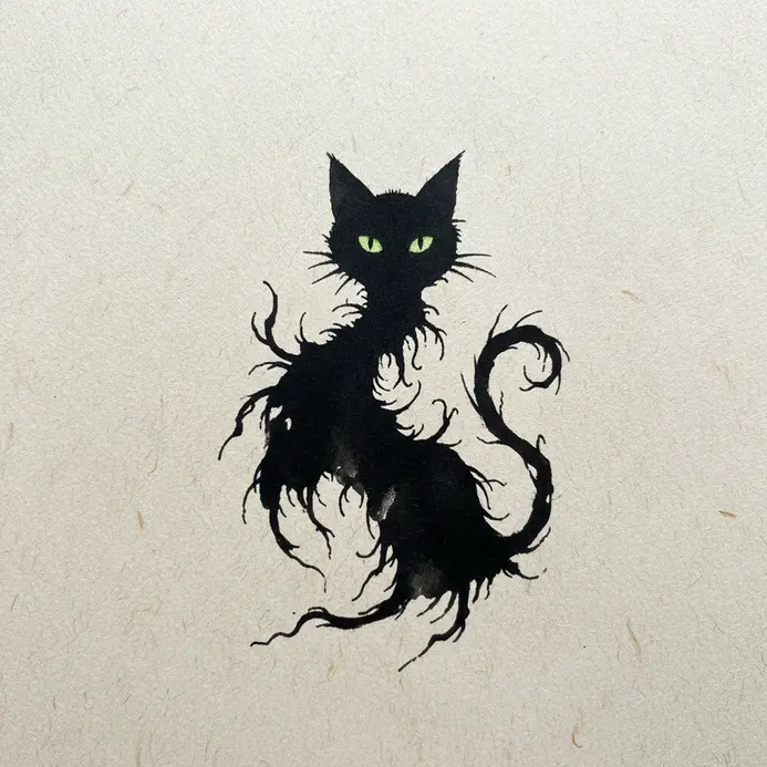 A pure black, cat-shaped silhouette against a dark wall, with only two bright, menacing eyes visible within the void.