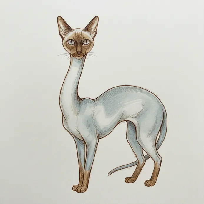 A sleek, pointy-faced Siamese cat with a neck several times longer than its body, curved like a swan.