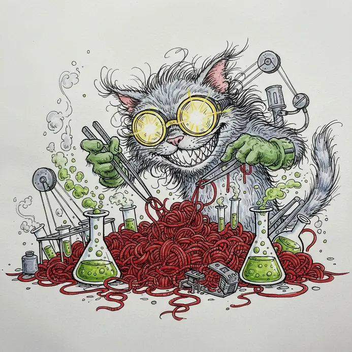 A frazzled cat wearing goggles, standing in a lab as balls of yarn bubble in beakers and spool from machines.