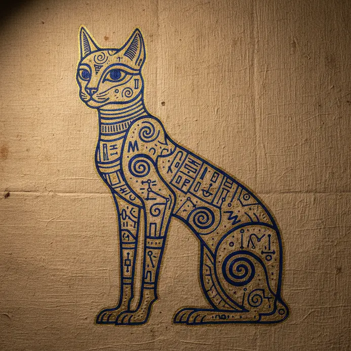 A spotted Egyptian Mau cat depicted in the style of an ancient god, with a golden headdress and hieroglyphic patterns.